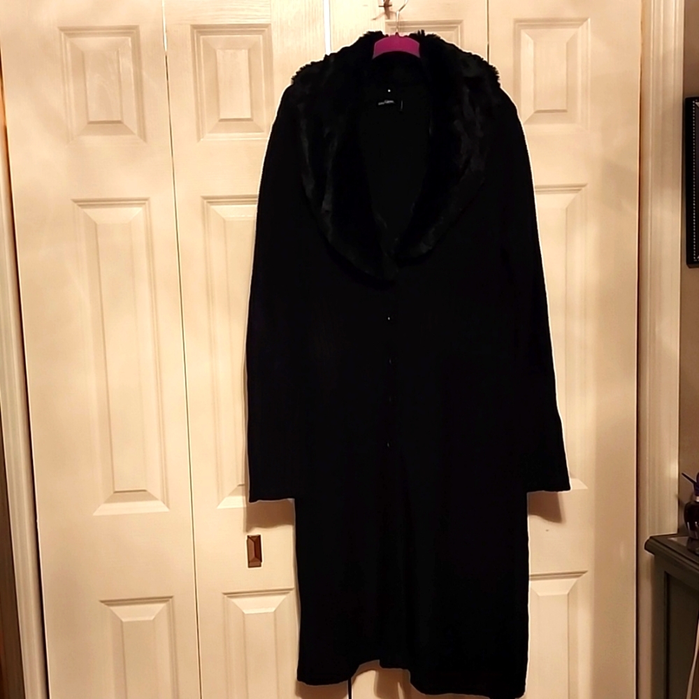 Daisy Fuentes Long Button Up Sweater Coat with Removable Faux Fur Collar